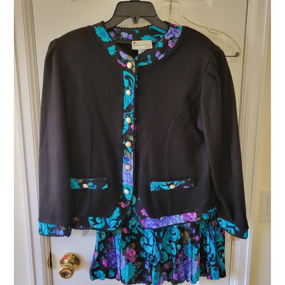 Matthew &‎ David Skirt Suit Sz 12 Black Knit Jacket Floral Pleated Skirt Vintage